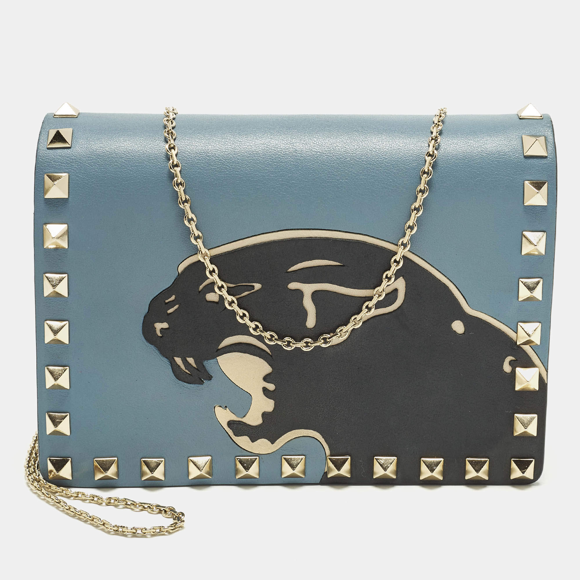 مملوكة مسبقًا Valentino Panther Rockstud Blue/Black Leather Chain Clutch