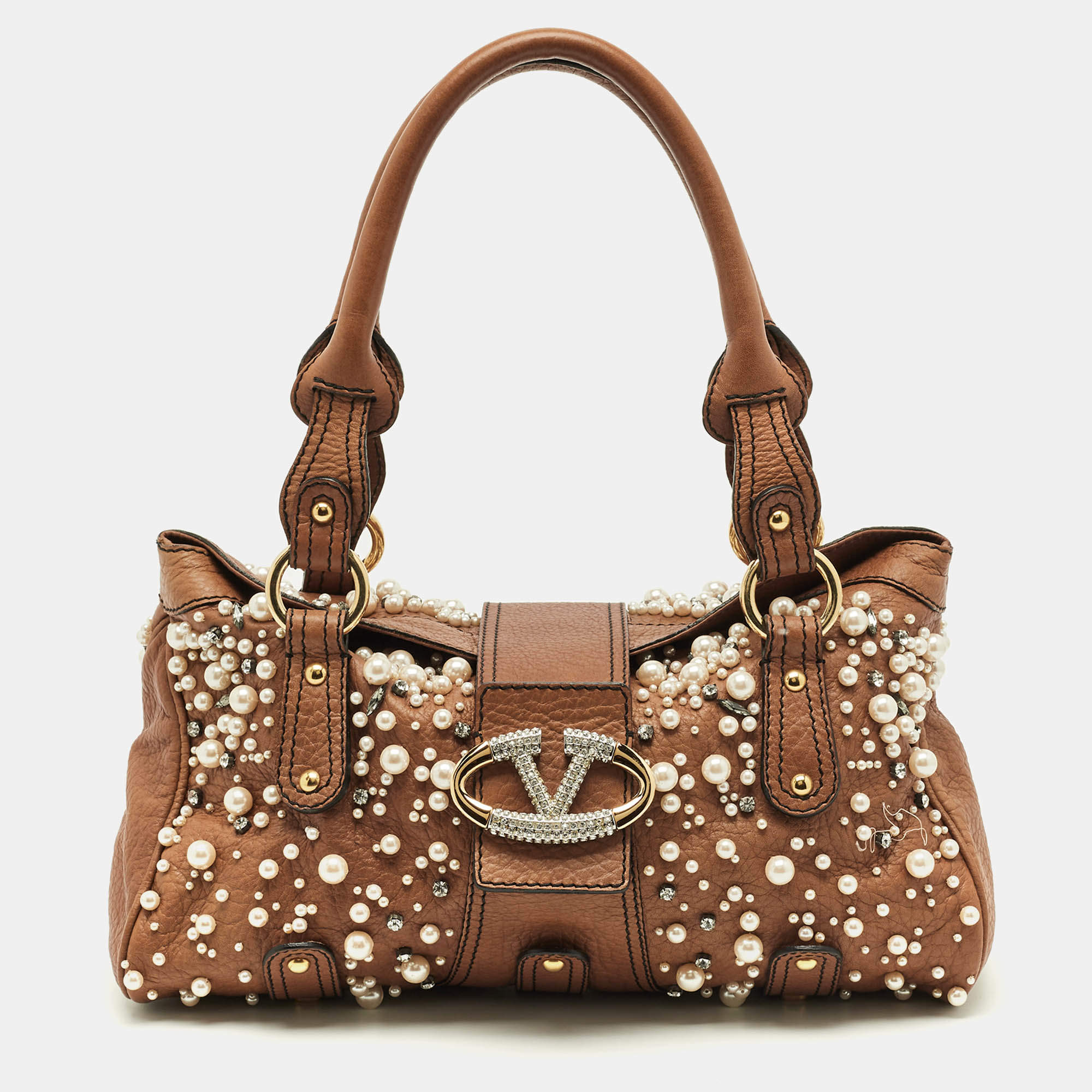 Pre Owned Valentino Crystal Catch Brown Leather Studded Pearl Satchel