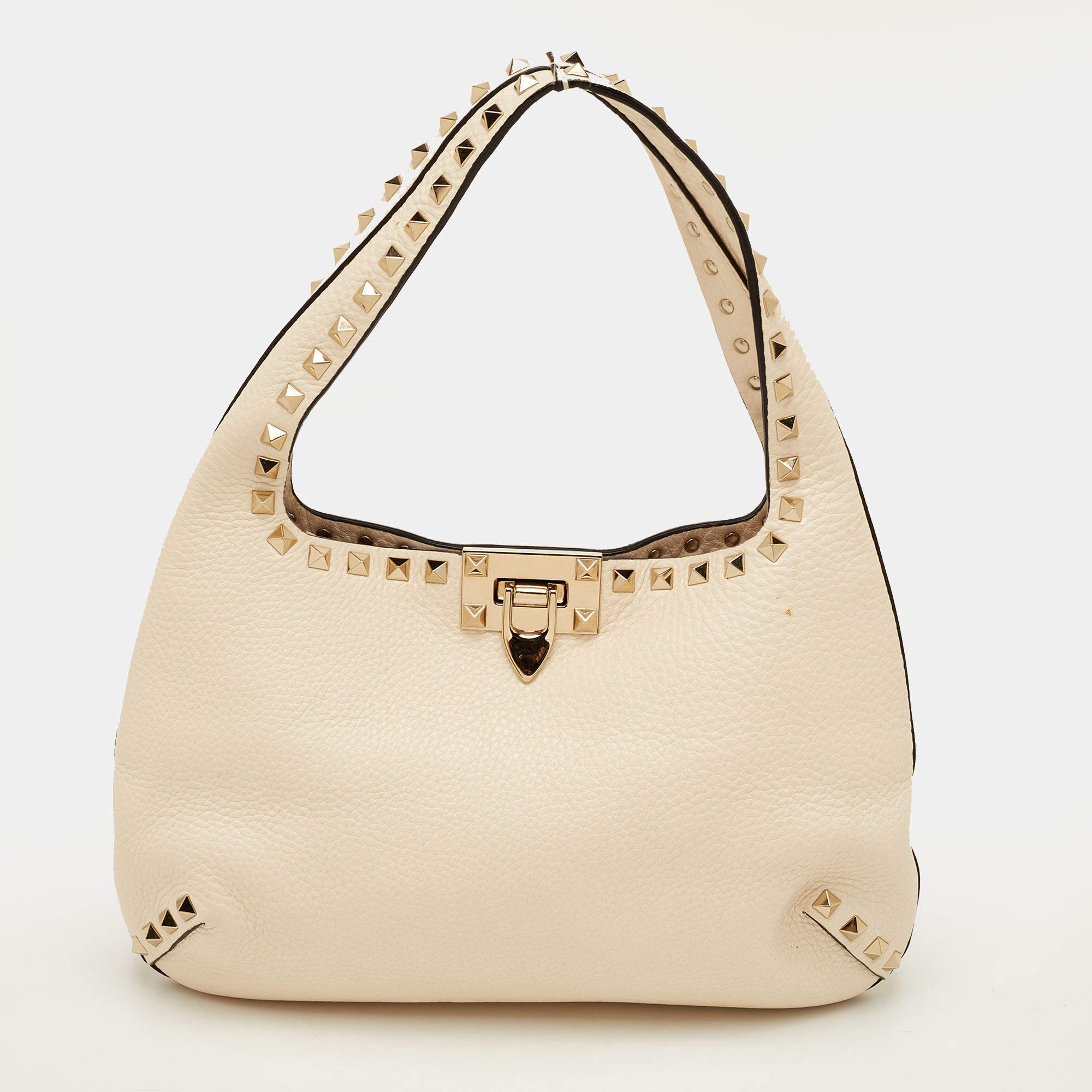 Pre Owned Valentino Rockstud Small Cream Leather Flip Lock Hobo