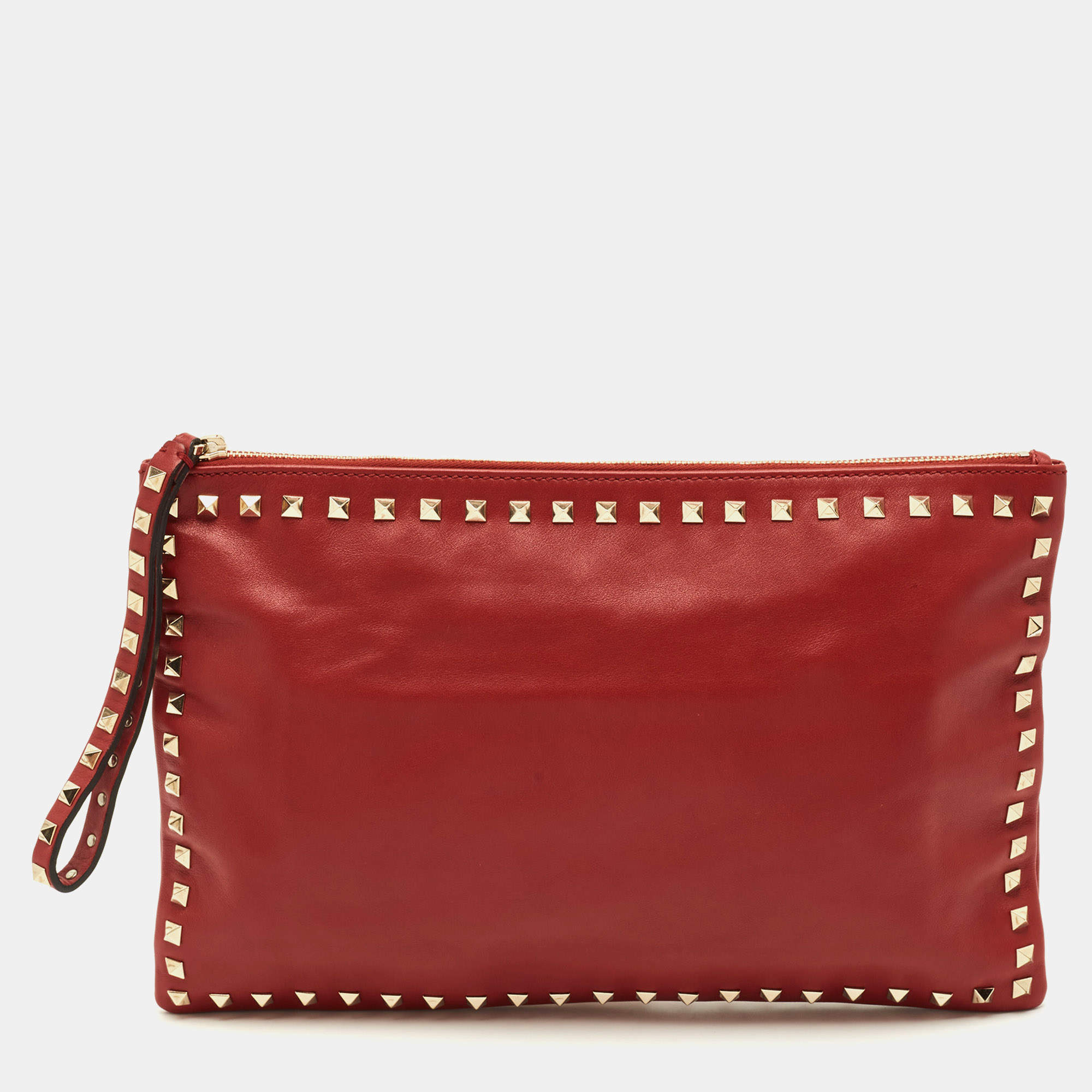 Pre Owned Valentino Rockstud Oversized Red Leather Wristlet Zip Pouch