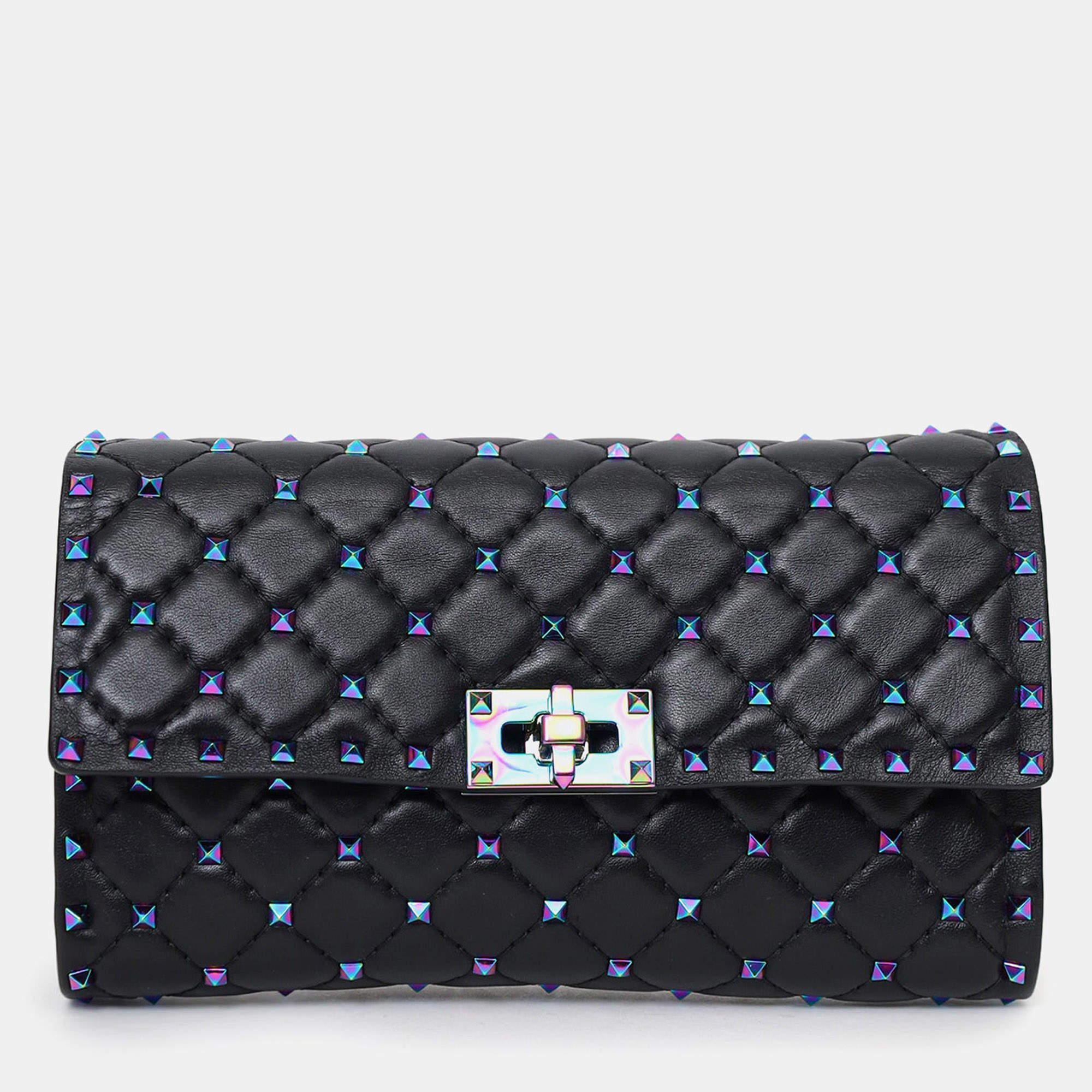 Pre Owned Valentino Black Lambskin Oil Slick Rockstud Spike Wallet on Chain