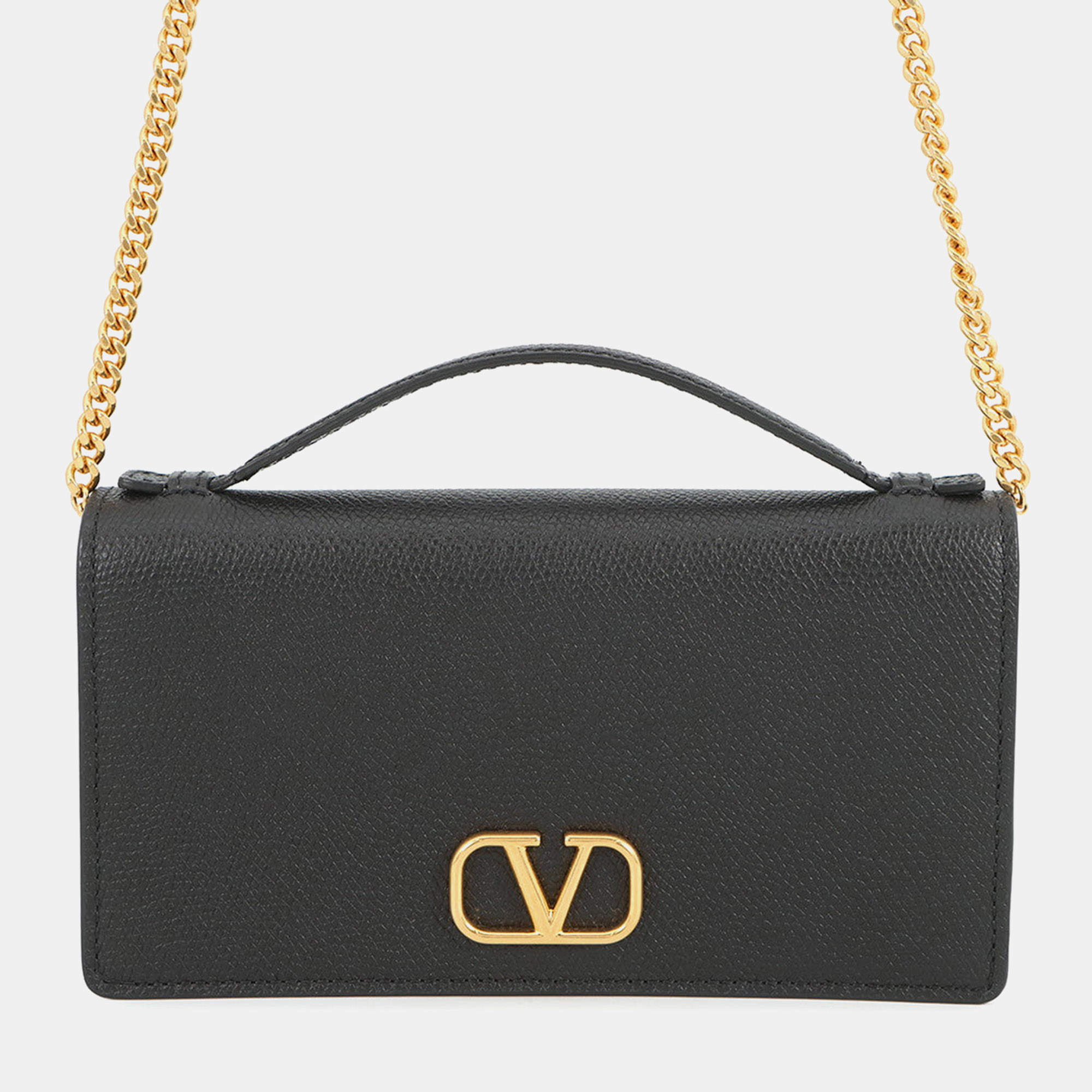 مملوكة مسبقًا Valentino Garavani V Logo Signature Chain Wallet Black Calf Leather