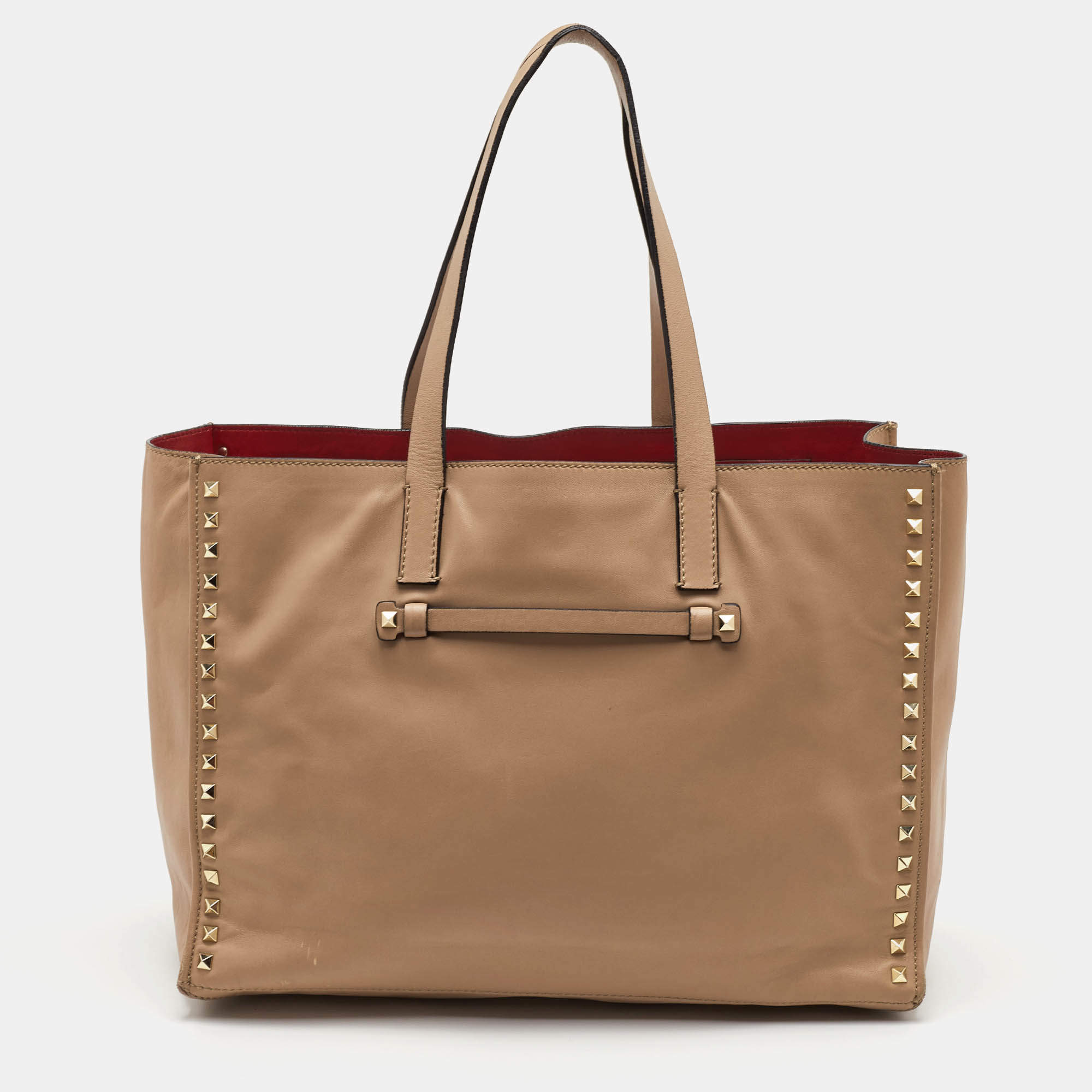 Pre Owned Valentino Rockstud Beige Leather Tote