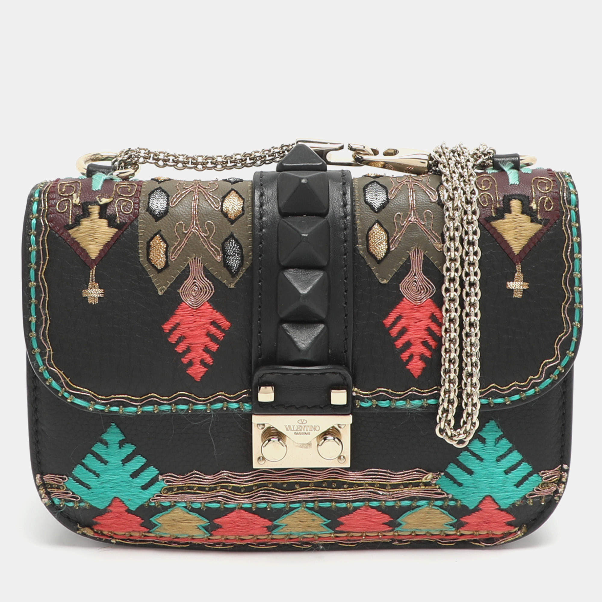 مملوكة مسبقًا Valentino Rockstud Glam Lock Small Black Leather Embroidered Flap Bag