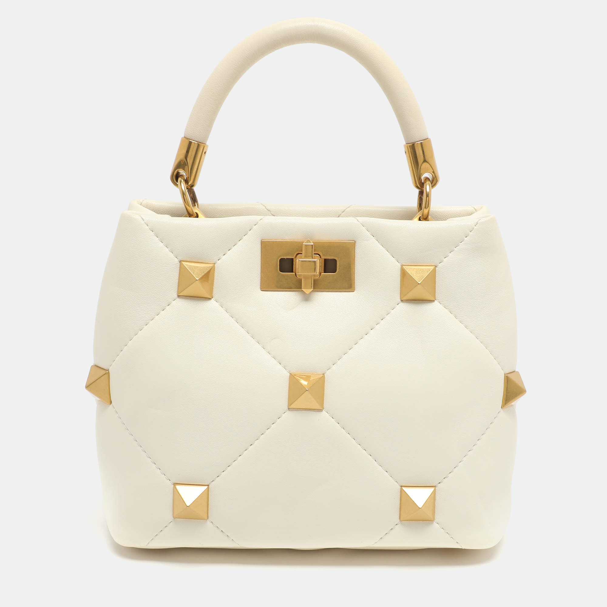 Pre Owned Valentino Roman Stud Small White Leather Tote