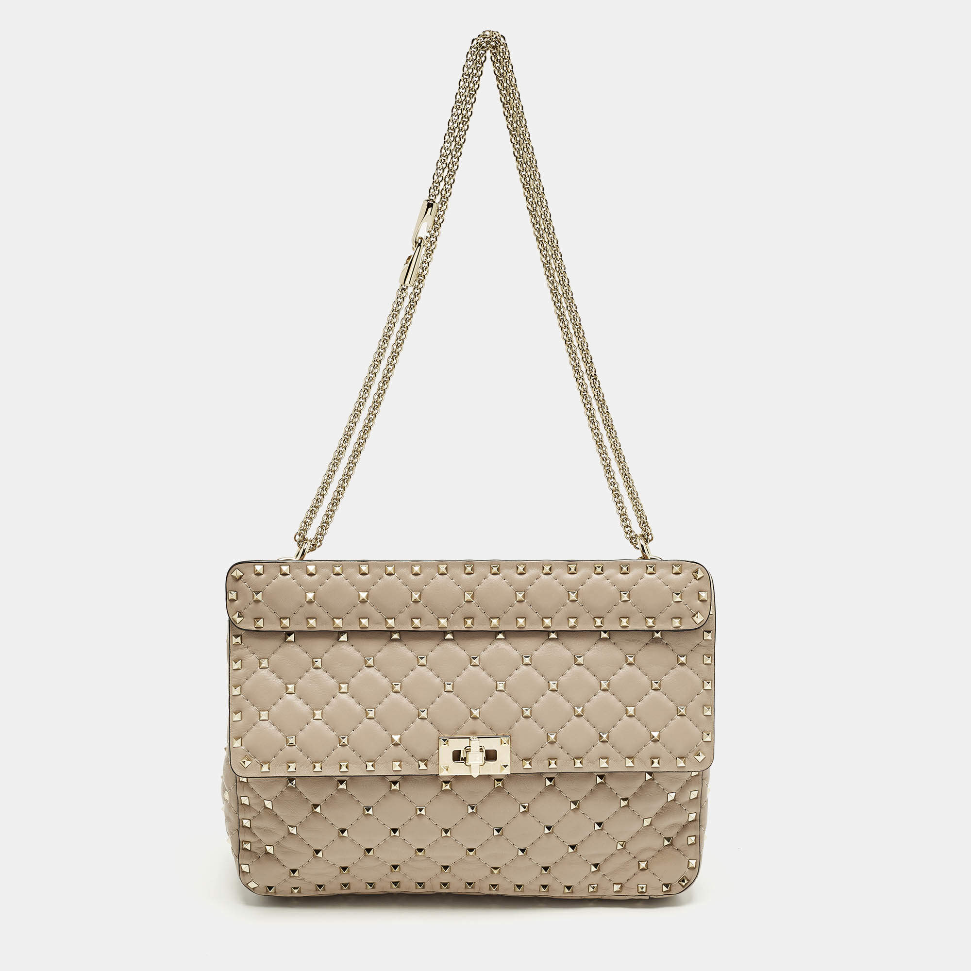 Pre Owned Valentino Rockstud Spike Large Poudre Pink Quilted Leather Top Handle Bag