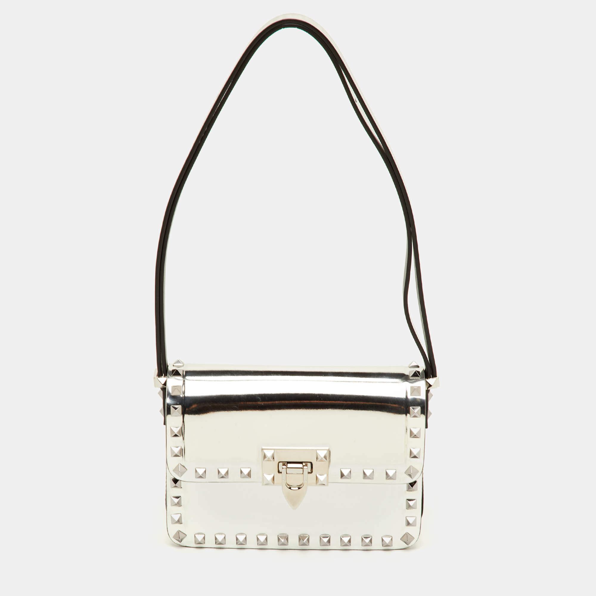 Pre Owned Valentino Rockstud Silver Leather Flap Shoulder Bag