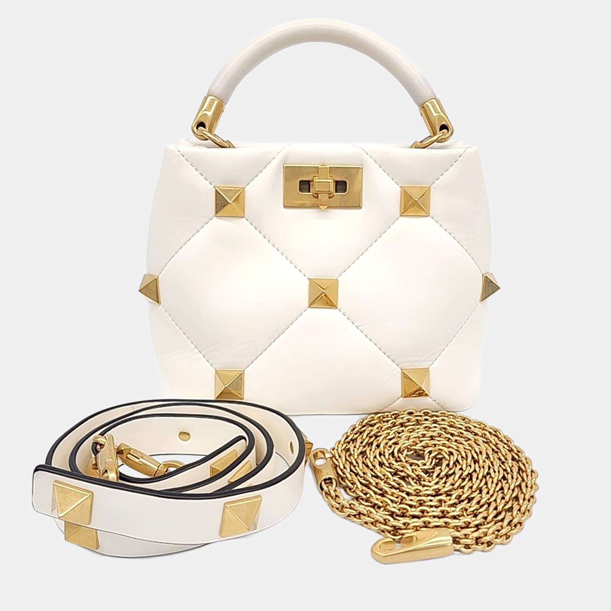 Pre Owned Valentino White Leather Roman Studded Tote and Shoulder Bag