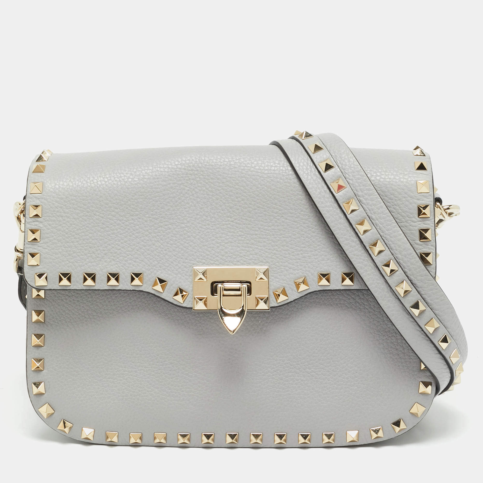 مملوكة مسبقًا Valentino Rockstud Flap Medium Grey Leather Shoulder Bag