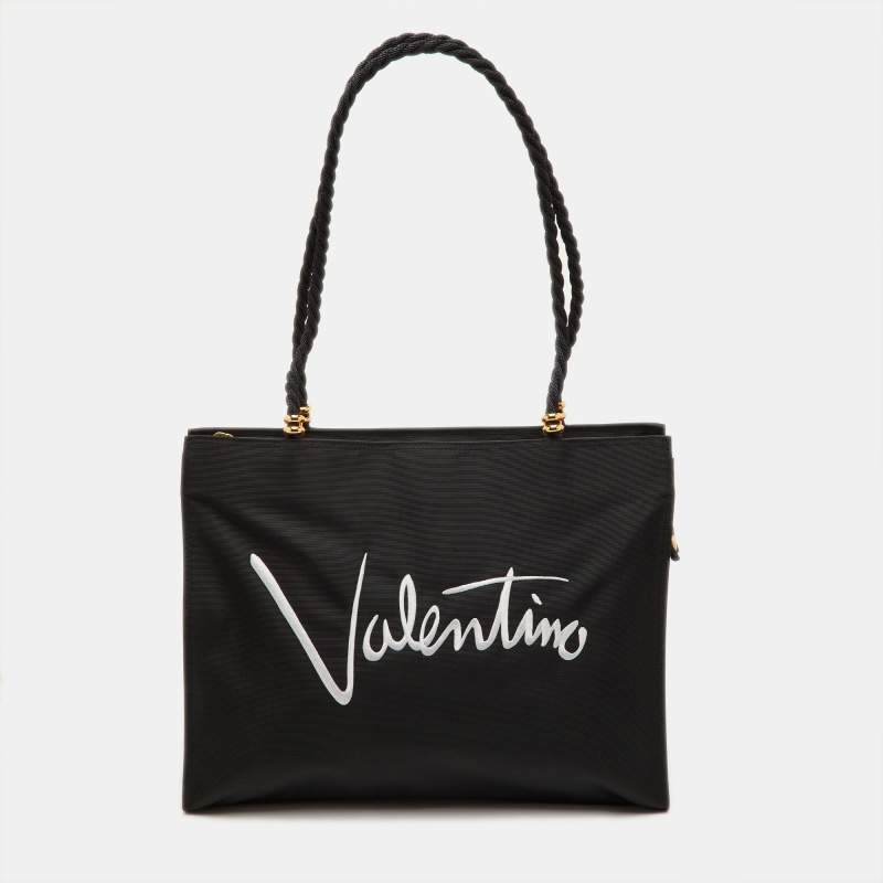 Pre Owned Valentino Garavani Sport Rope Handle Black Canvas Logo Embroidered Tote
