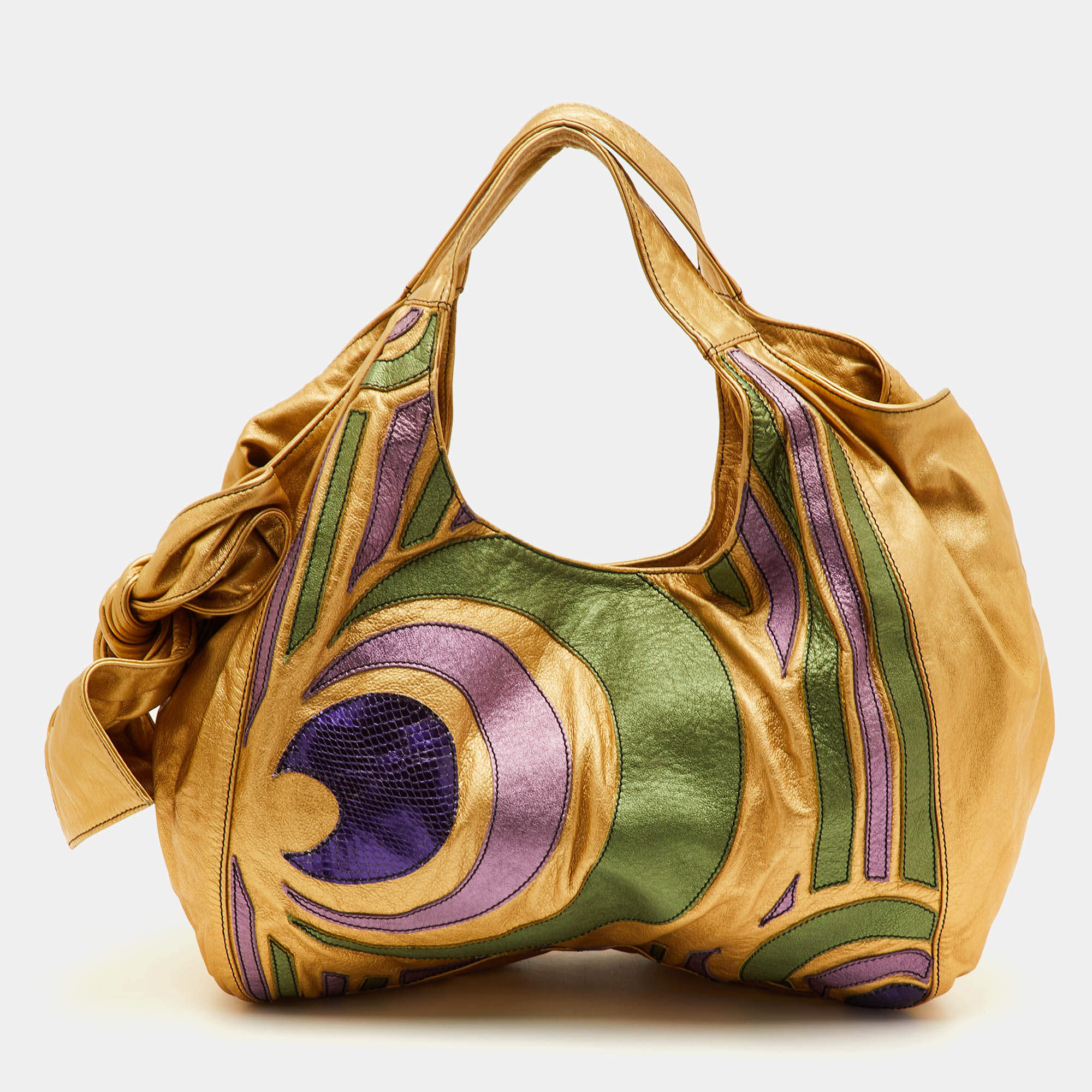 مملوكة مسبقًا Valentino Nuage Bow Metallic Gold Leather Oversized Hobo