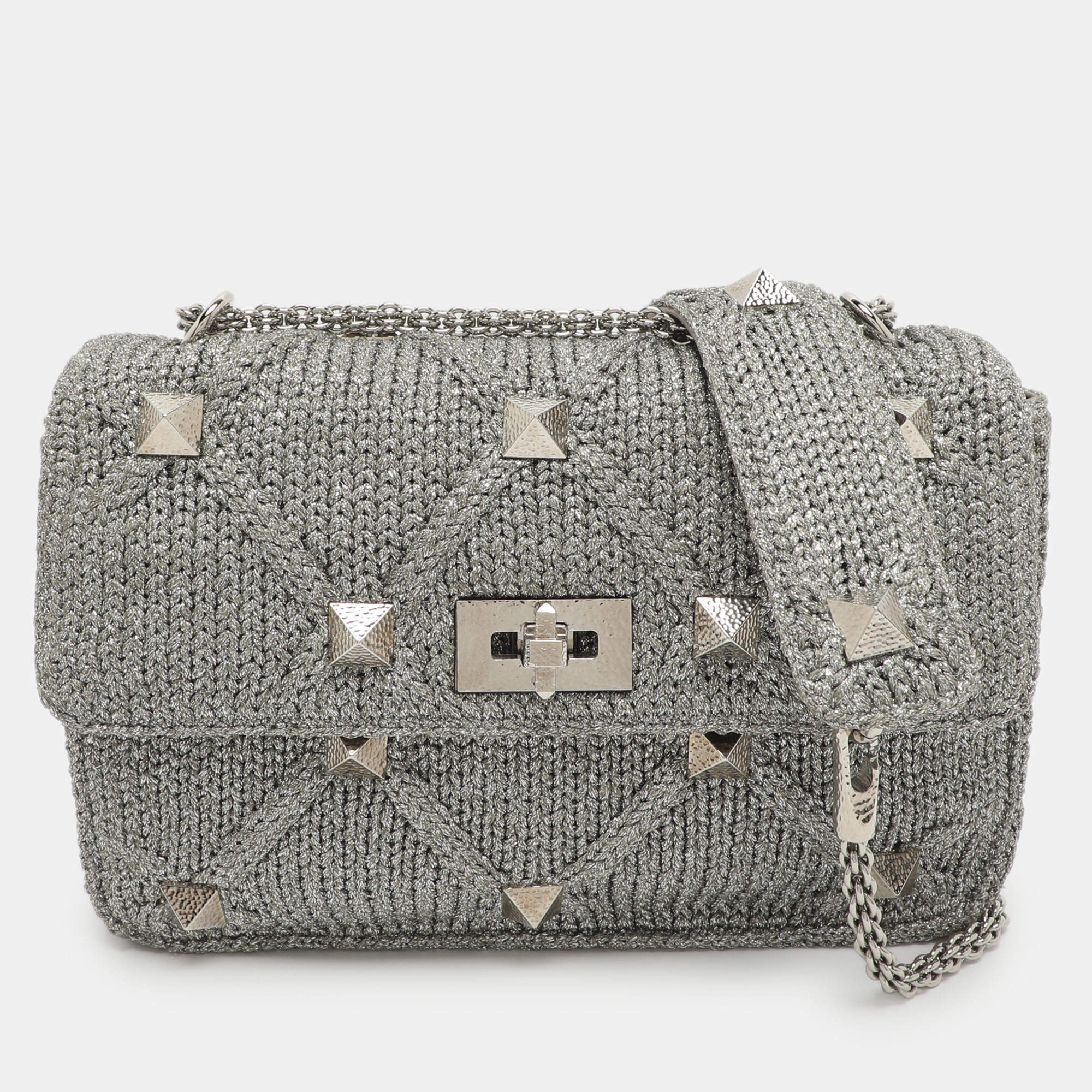 Pre Owned Valentino Roman Stud Silver Crochet Shoulder Bag