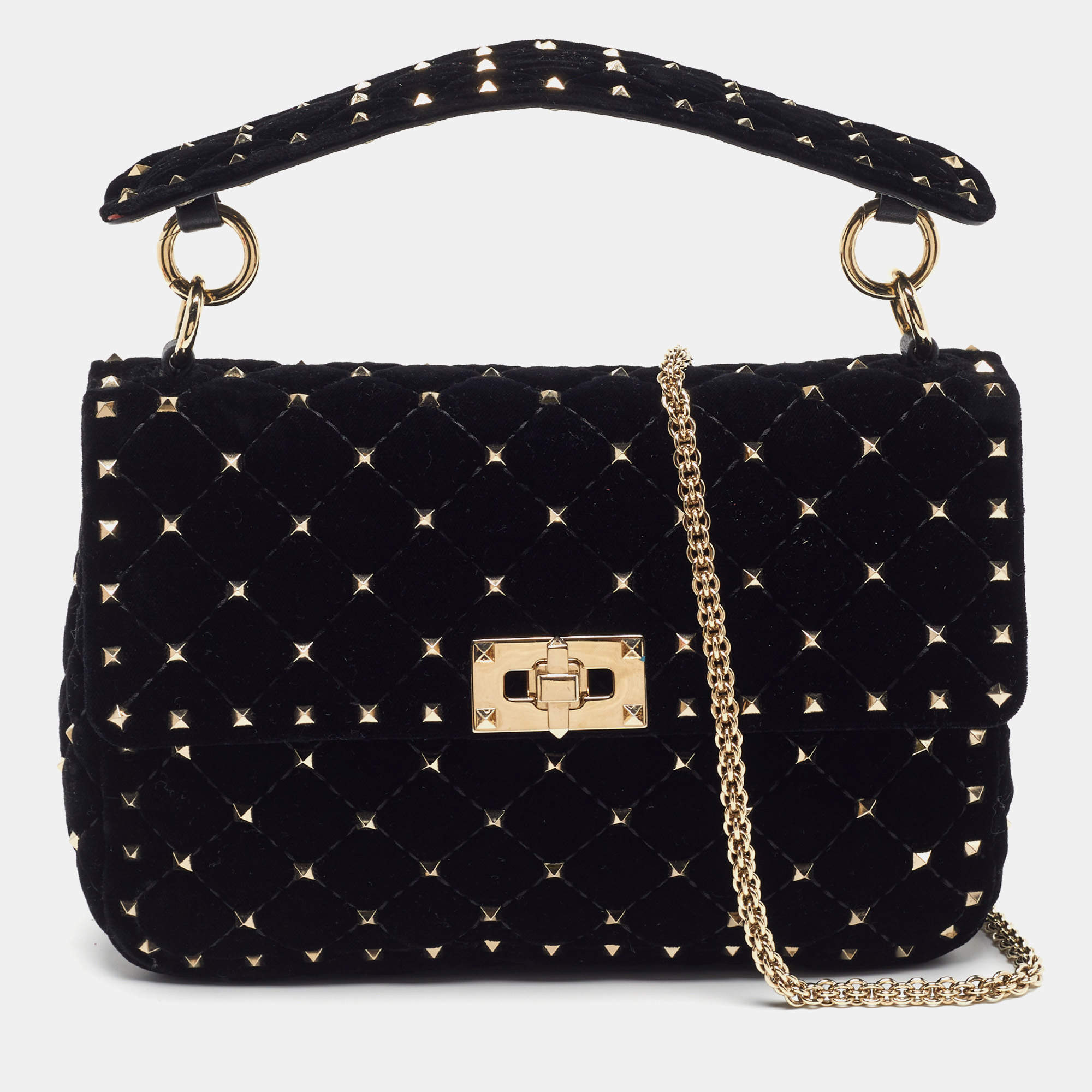 مملوكة مسبقًا Valentino Rockstud Spike Medium Black Quilted Velvet Shoulder Bag