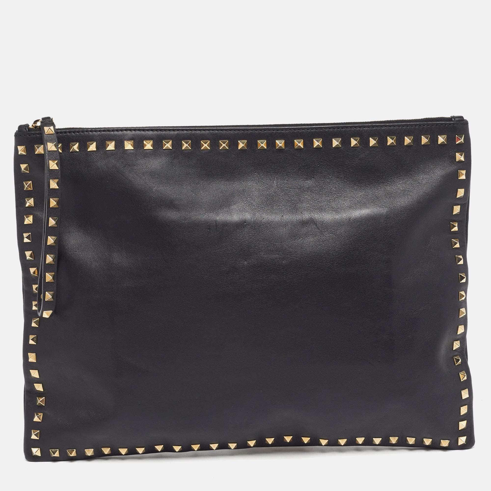 Pre Owned Valentino Rockstud Black Leather Wristlet Clutch
