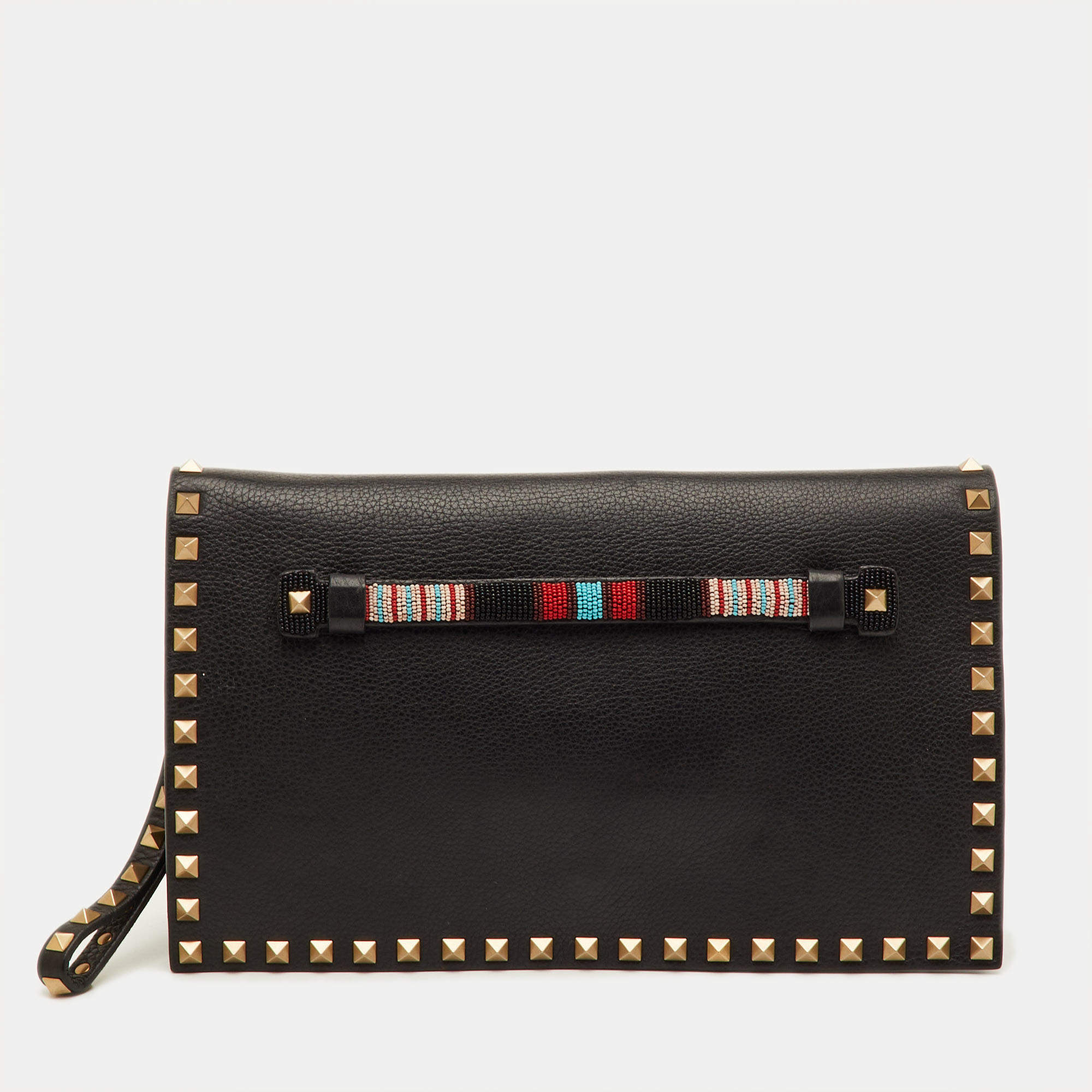 Pre Owned Valentino Rockstud Flap Black Leather Wristlet Clutch