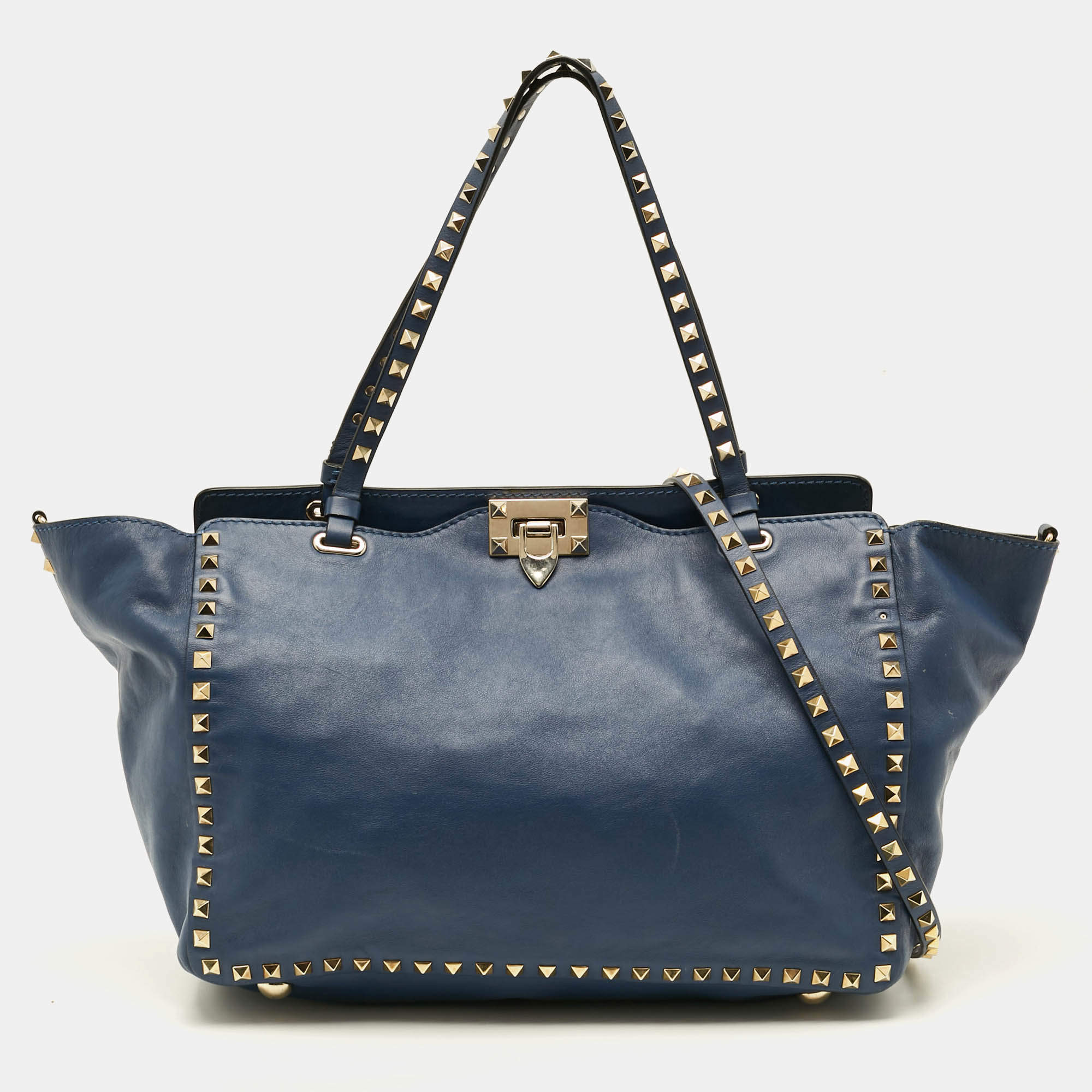 Pre Owned Valentino Rockstud Trapeze Medium Navy Blue Leather Tote