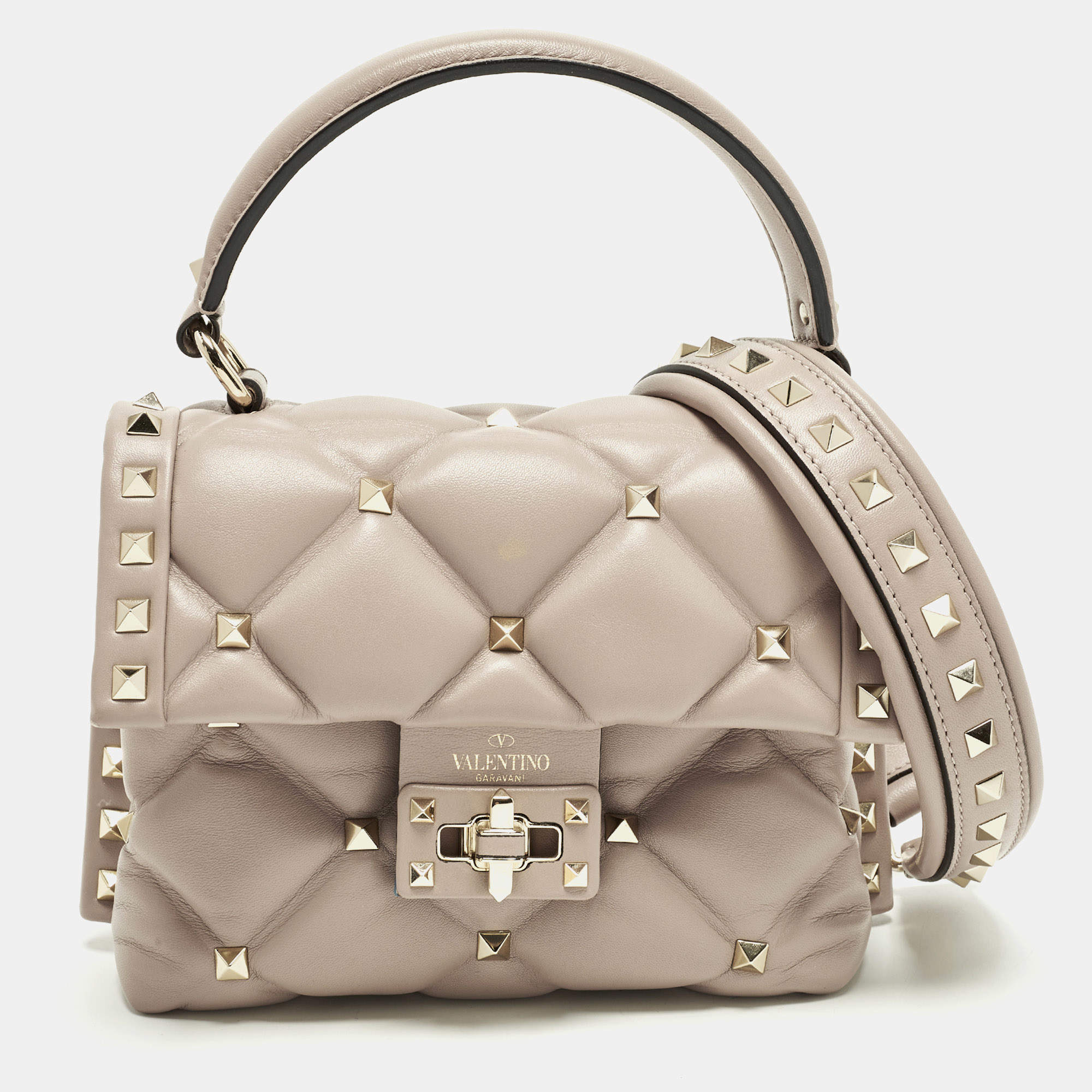 Pre Owned Valentino Candystud Beige Quilted Leather Top Handle Bag