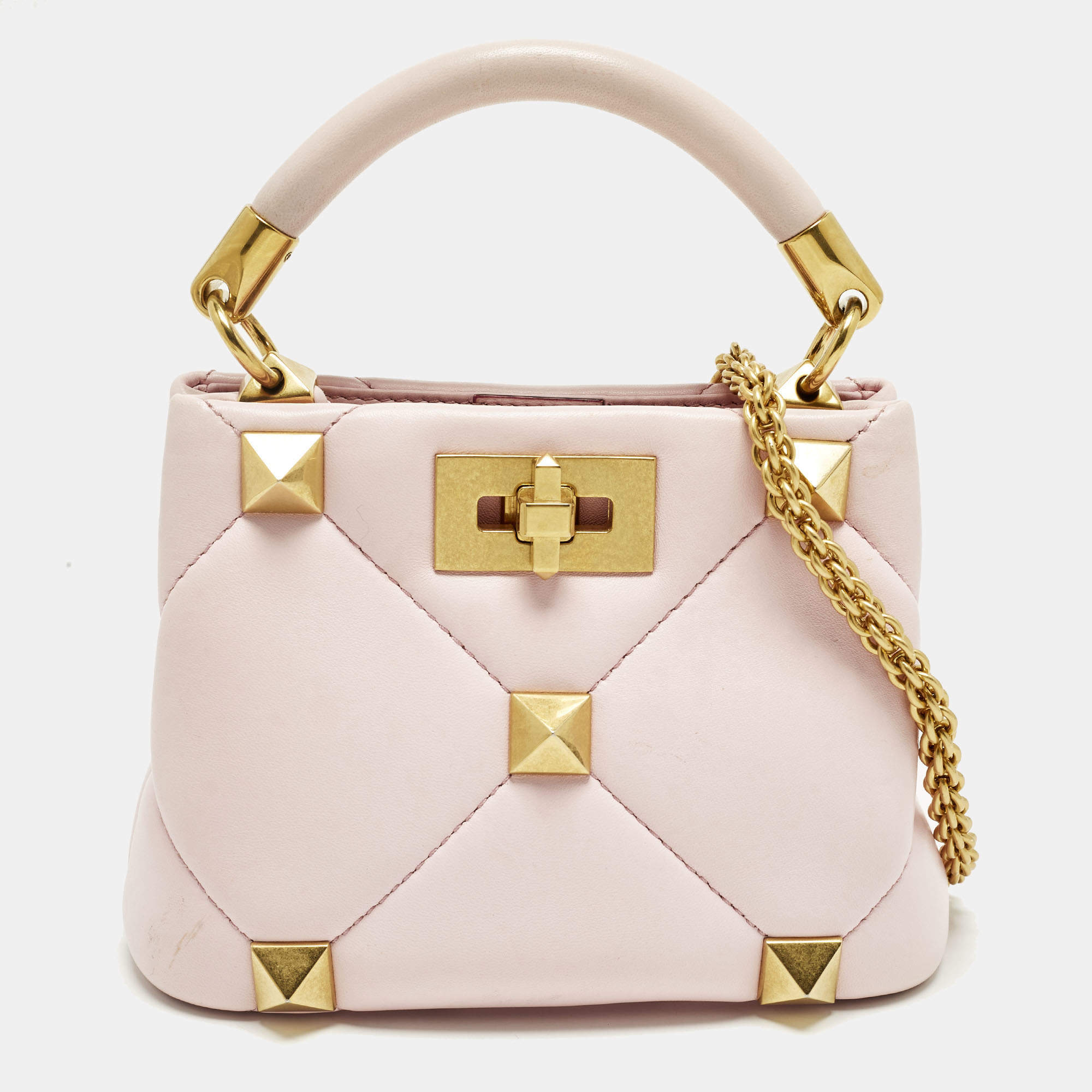 Pre Owned Valentino Roman Stud Light Pink Quilted Leather Tote