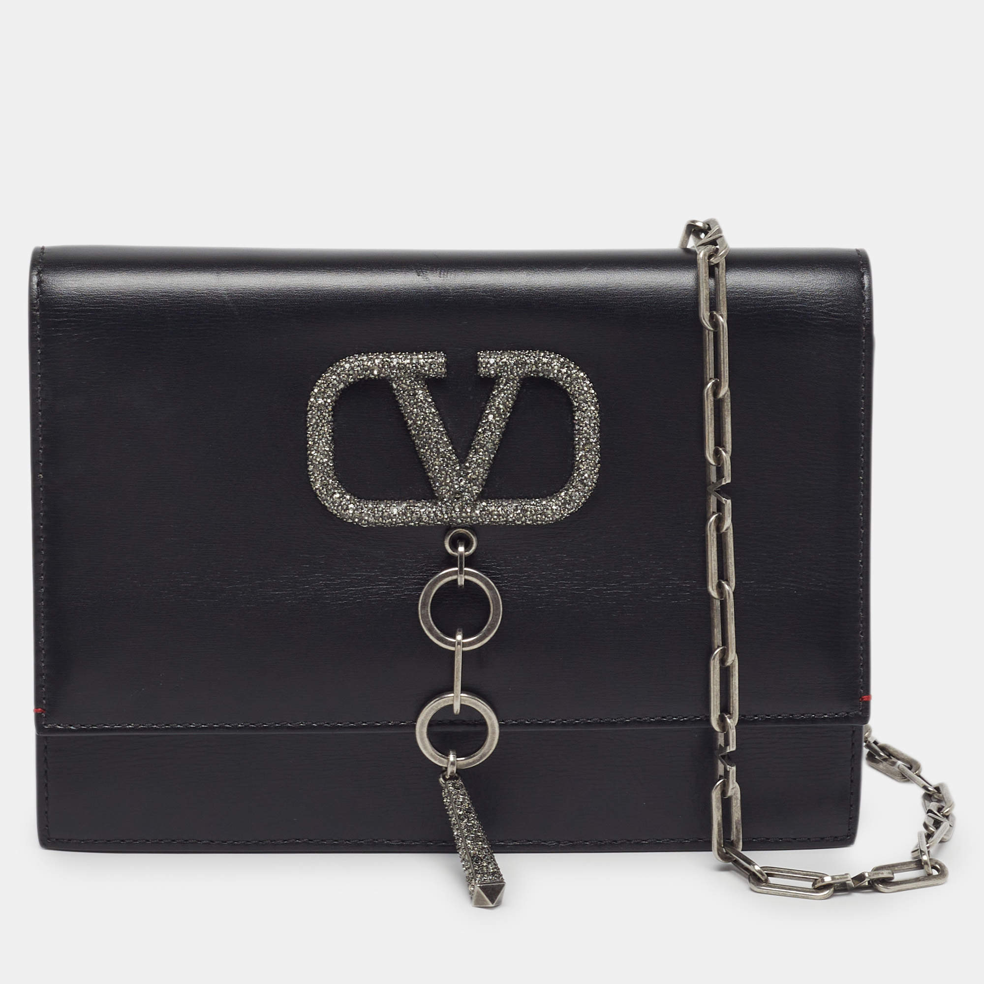 مملوكة مسبقًا Valentino VCase Crystals Small Black Leather Shoulder Bag