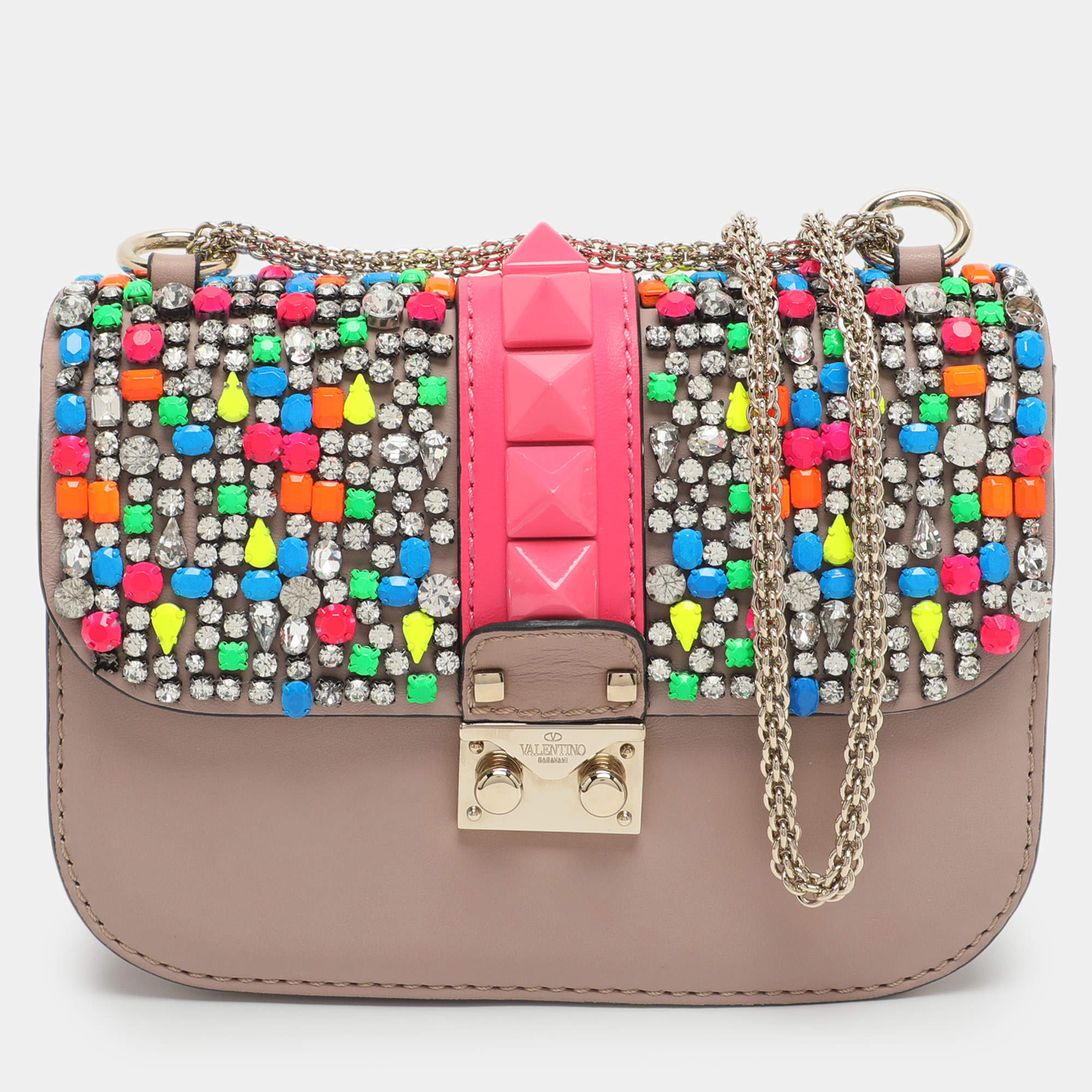 Pre Owned Valentino Rockstud Glam Lock Small Beige Leather Crystal Embellished Shoulder Bag