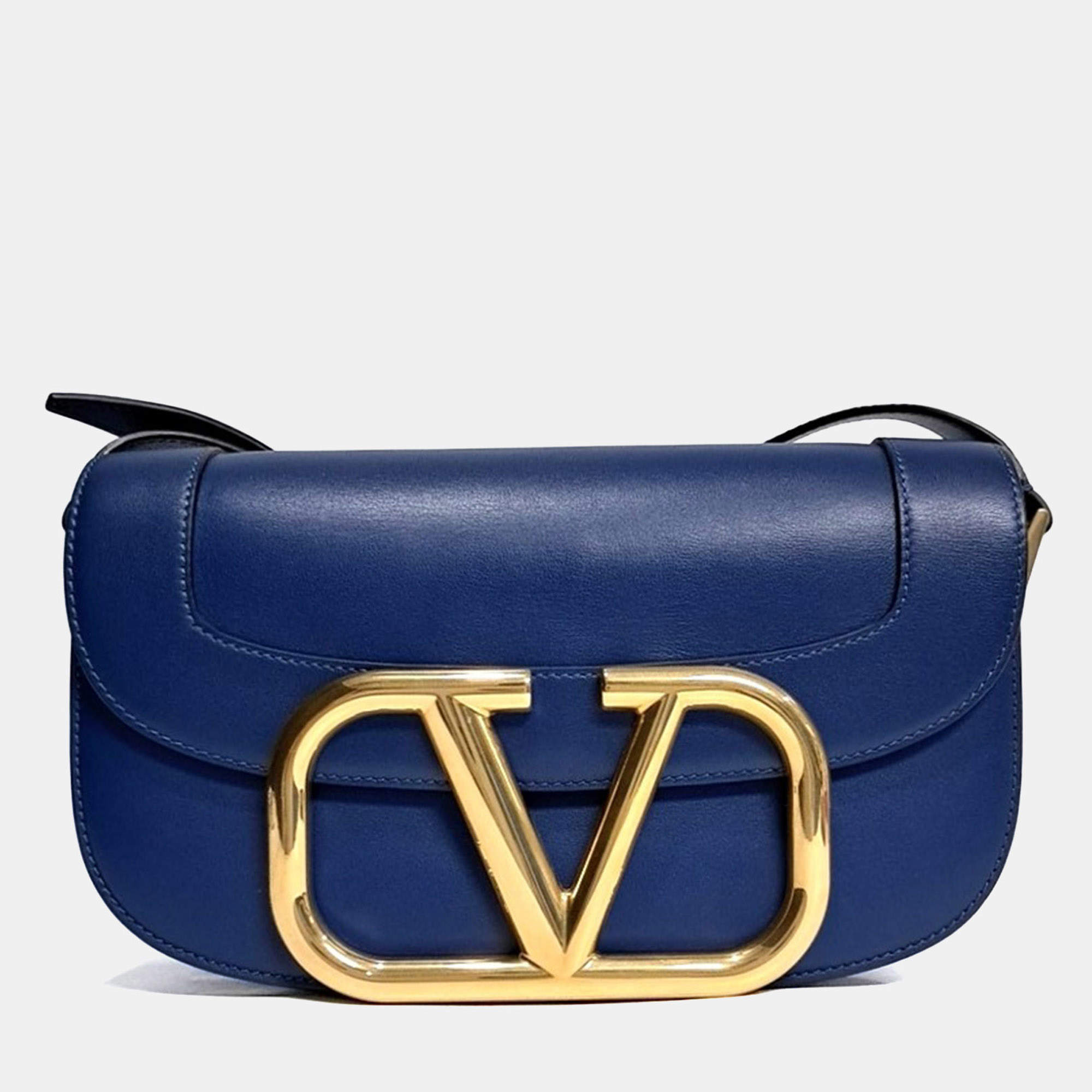 Pre Owned حقيبة كروس بودي فالنتينو جلد أزرق كحلي بحلقة V سوبر بي