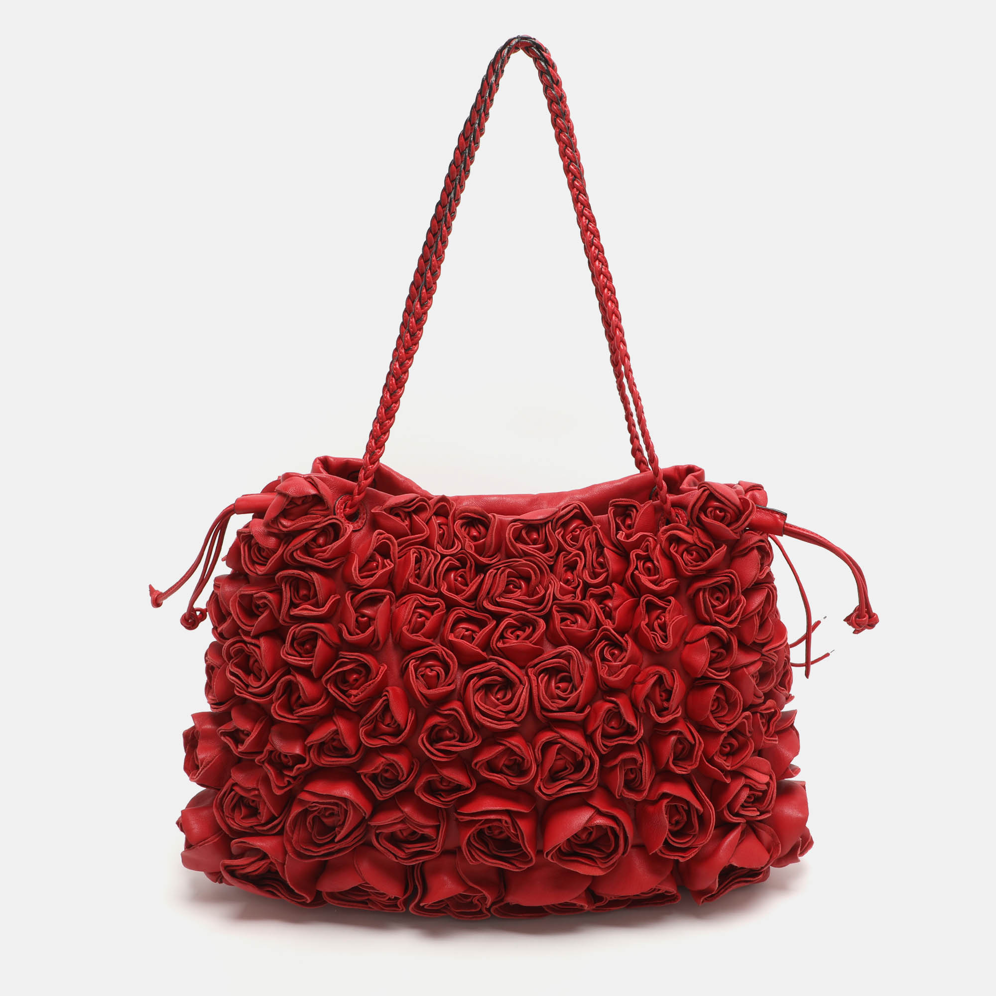 Pre Owned Valentino Floral Applique Red Leather Drawstring Tote