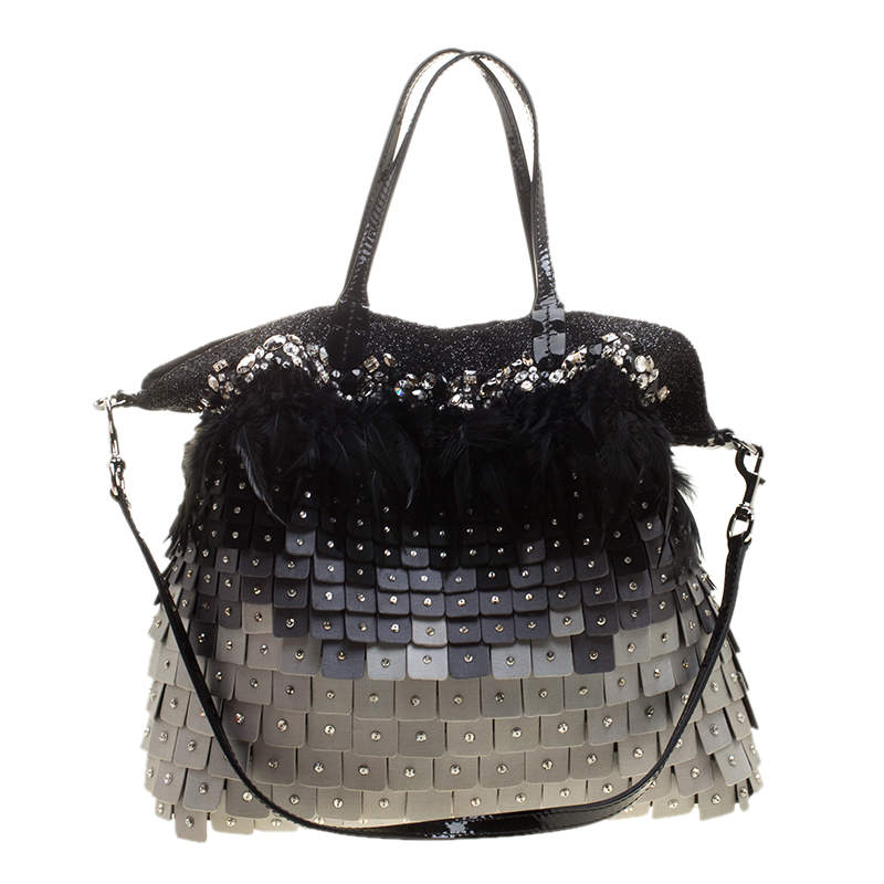 Pre Owned Valentino Tri Color Fabric Crystal Embellished and Feather Tote