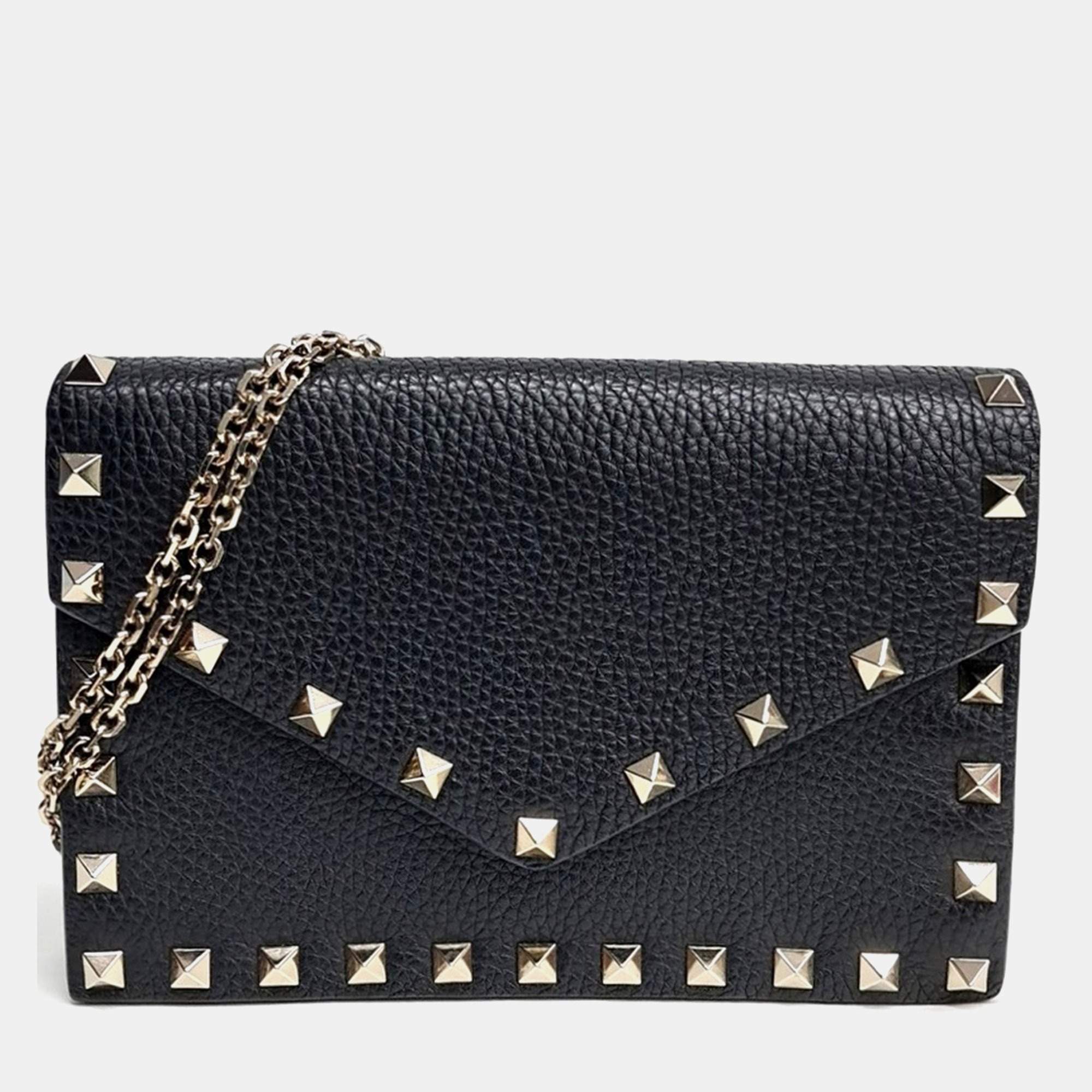 Pre Owned Valentino Rockstud Black Leather Chain Crossbody Bag