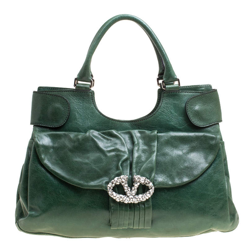 Valentino Green Leather Crystal Catch Shoulder Bag