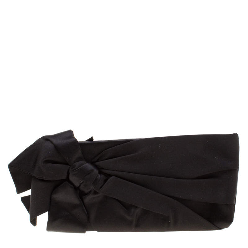 Pre Owned Valentino Black Satin Pleated Bow Clutch
