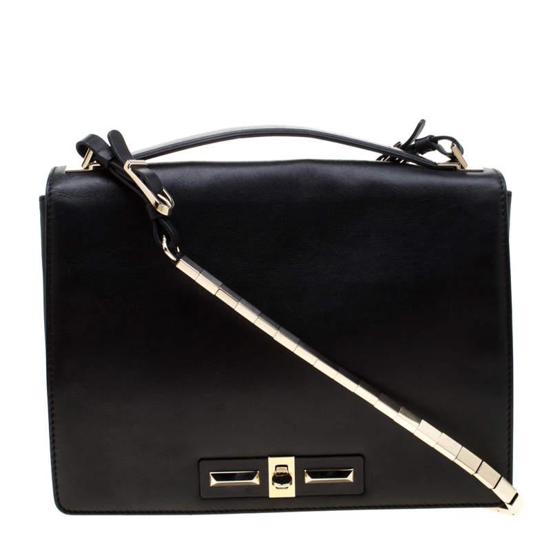 Pre Owned Valentino Black Leather Turnlock Metal Chain Shoulder Bag