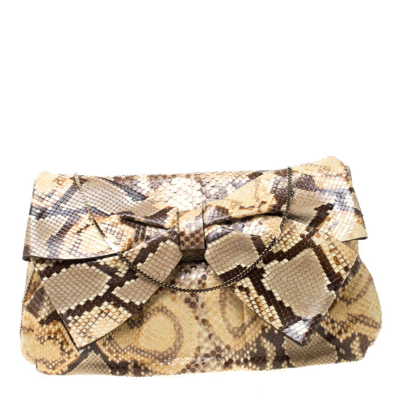 Pre Owned Valentino Yellow Python Bow Clutch Bag