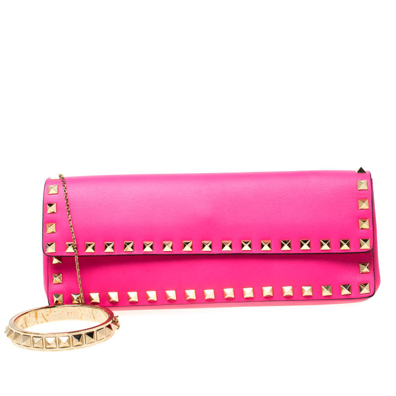 Valentino Neon Pink Leather Rockstud Bracelet Clutch