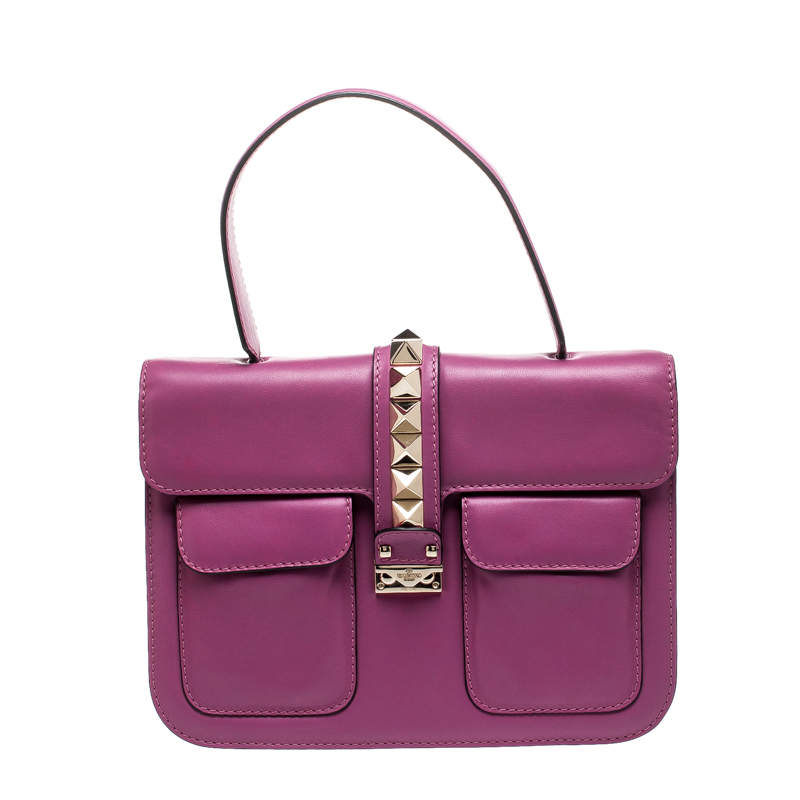 Pre Owned Valentino Fuschia Leather Rockstud Large Glam Lock Top Handle Bag