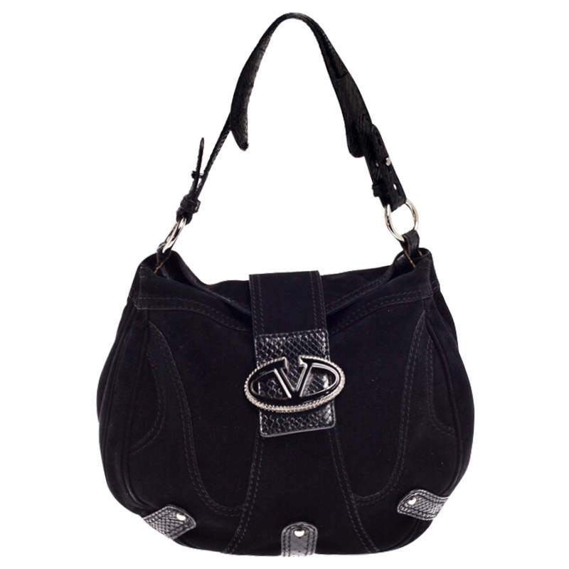 Pre Owned Valentino Black Suede and Python Leather Crystal Catch Hobo