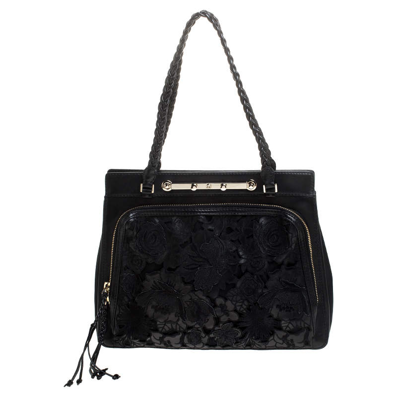 Pre Owned Valentino Black Leather and Lace Demetra Tote