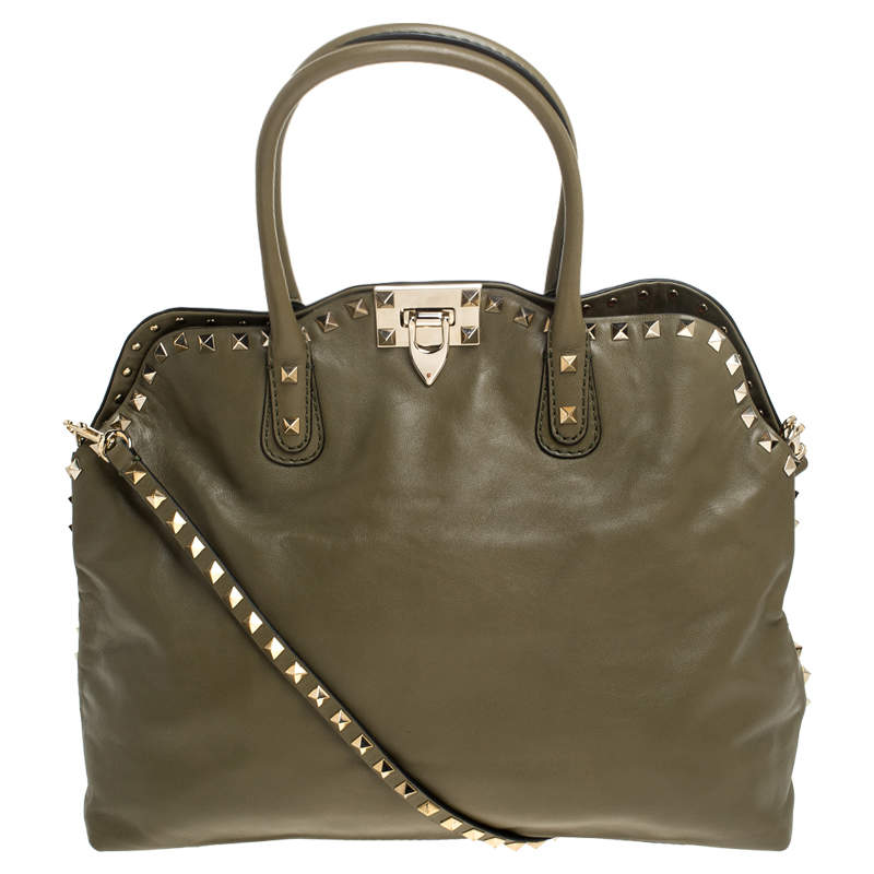 Pre Owned Valentino Khaki Green Leather Rockstud Satchel