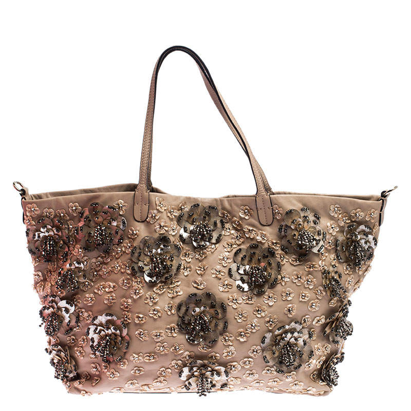 Pre Owned Valentino Beige Leather Sequin Beaded Applique Tote