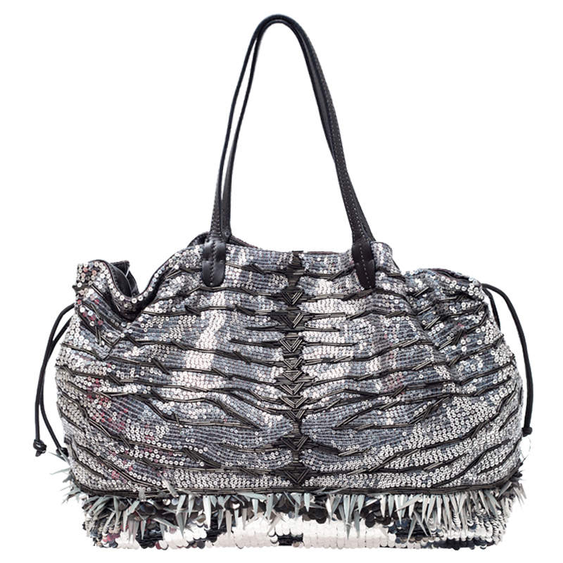 Valentino Silver Olive Green Sequins Embellished Fabric And Leather Tote Tlc - Olive Green Leather Tote Valentino Silver Olive Green Sequins Embellished Fabric And Leather Tote Tlc - Olive Green Leather Tote
