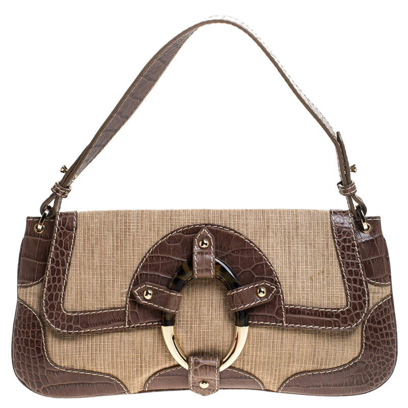 Pre Owned Valentino Beige/Grey Fabric and Crocodile Embossed Leather Flap Bag