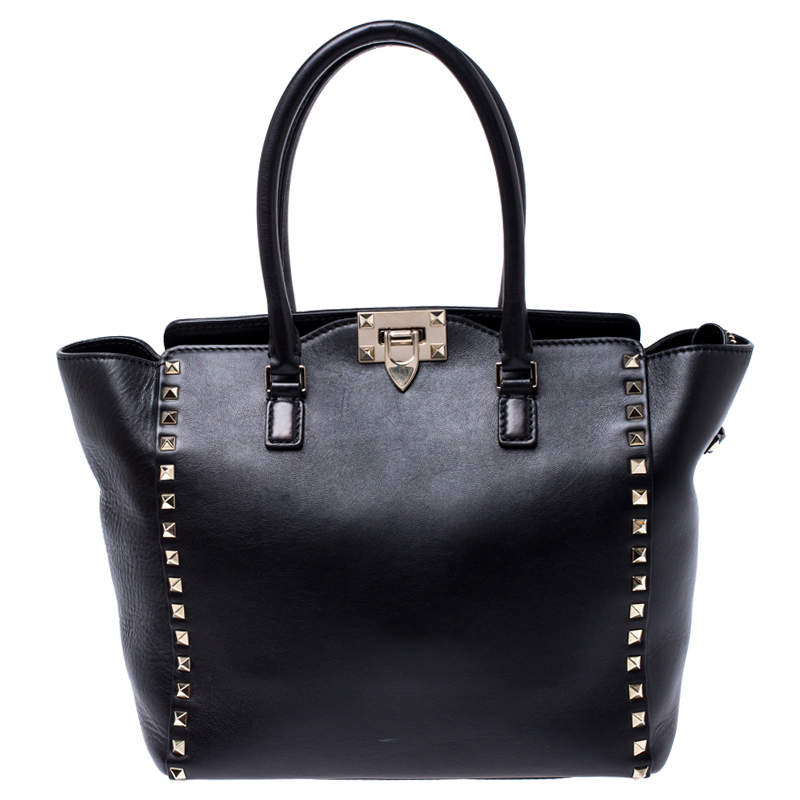 Pre Owned Valentino Black Leather Small Rockstud Shopper Tote