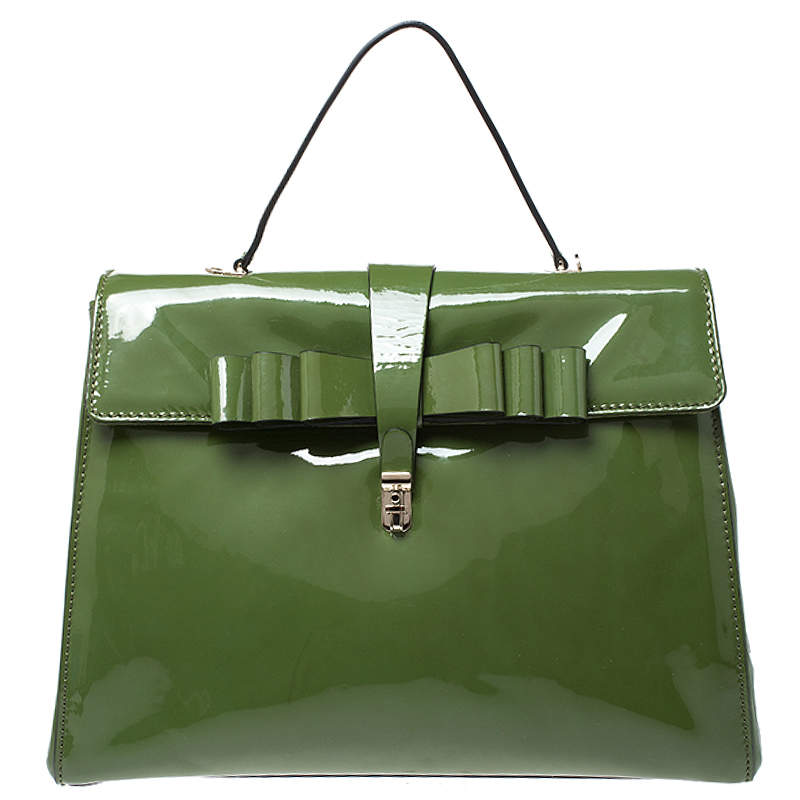 Pre Owned Valentino Green Patent Leather Top Handle Bag