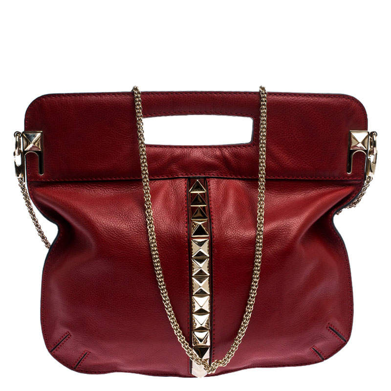 Pre Owned Valentino Red Leather Rockstud Chain Hobo