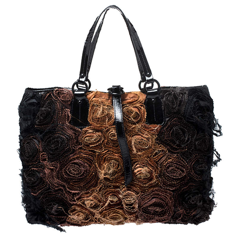 Pre Owned Valentino Beige/Black Silk and Patent Leather Organza Rosier Tote