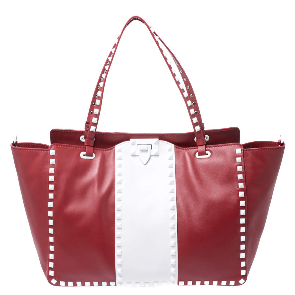 Valentino Red/White Leather Rockstud Tote