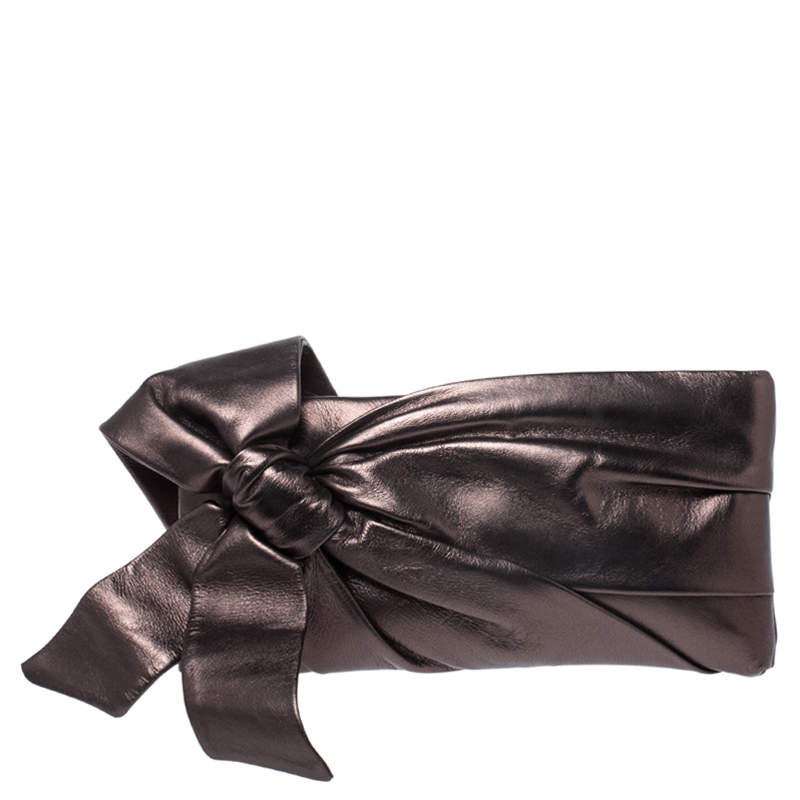 Pre Owned Valentino Metallic Leather Pleated Bow Clutch