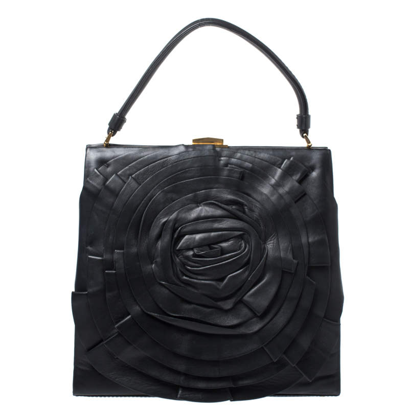Pre Owned Valentino Black Leather Rose Kisslock Frame Top Handle Bag