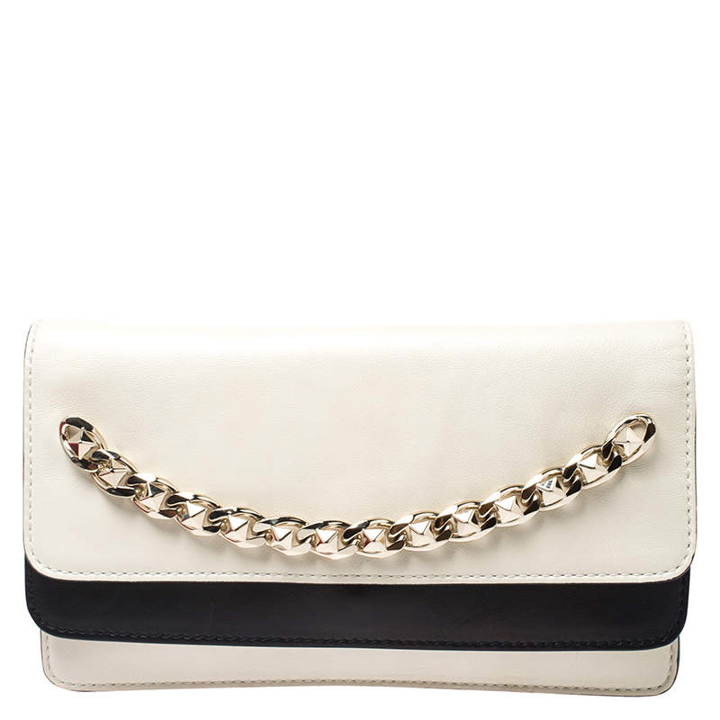 Pre Owned Valentino White/Black Leather Chain Double Flap Clutch