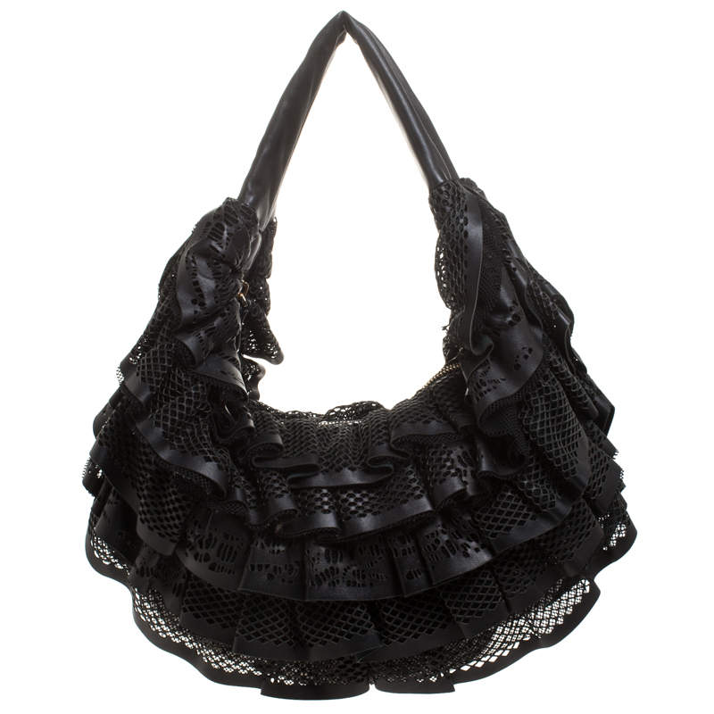 Pre Owned Valentino Black Leather Mesh Ruffle Hobo