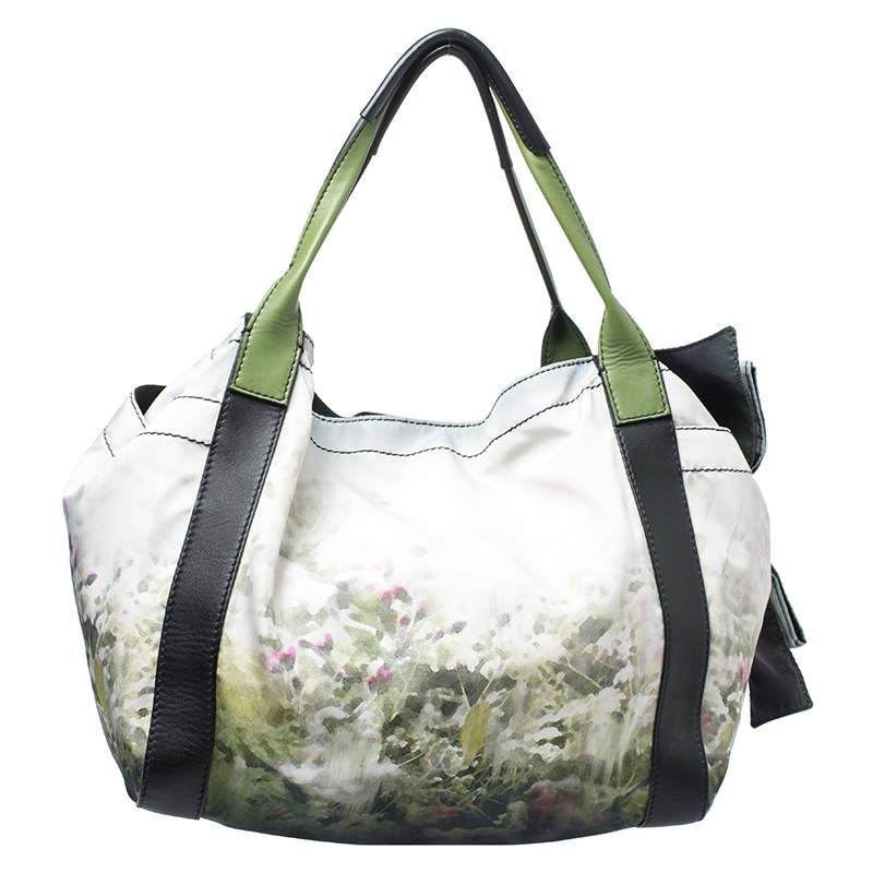 Pre Owned Valentino Green/Black Printed Nylon and Leather Double Pocket Bow Tote
